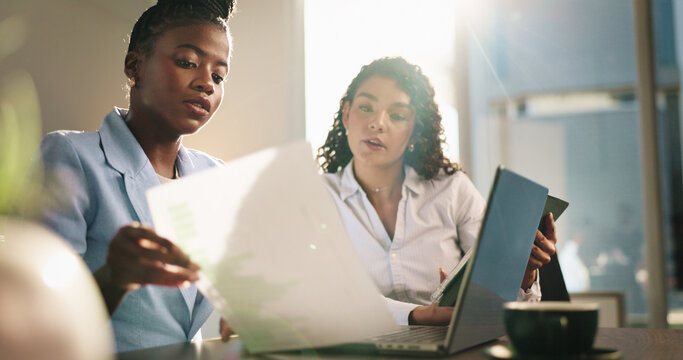 Document, team and business women with chart for discussion, financial investment or data analysis. Paperwork, planning and workers in office with graph for stats, brainstorming or strategy with tech