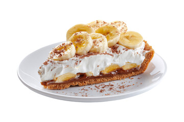 Delicious banoffee tart slice with cream and fresh banana for popular dessert, isolated on transparent background.