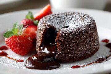 Chocolate lava cake with frosting icing and fresh strawberries on white plate, for popular dessert.