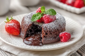 Chocolate lava cake with frosting icing and fresh strawberries and raspberries on white plate, for popular dessert.