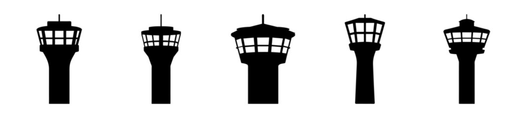 Silhouetted Air Traffic Control Towers on White Background Varying in Styles