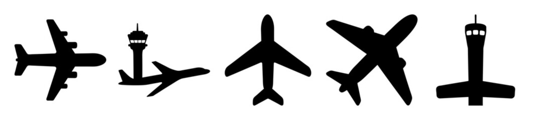 Simple Black Silhouette Illustration of Airplanes and Control Towers on White Background