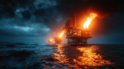 An industrial oil rig ignites the horizon with flames against a moody ocean backdrop, capturing the tension between man-made energy sources and the raw power of nature's fury.
