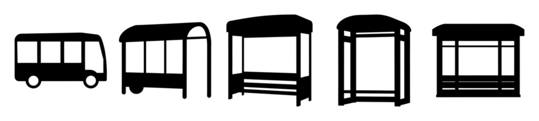 Silhouettes of diverse bus stops depict urban transit and waiting spaces