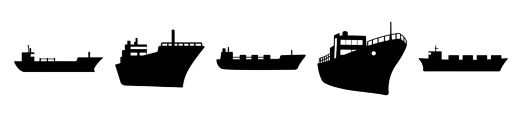 Obraz premium Silhouetted Cargo Ships of Varied Designs Arranged Side by Side on White Background