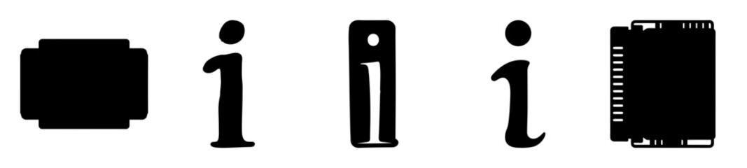Various abstract symbols including the letter i and a document icon