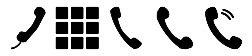 Illustrations of various telephone handsets and dial pad in black and white