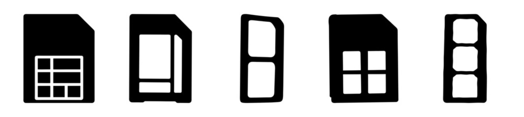 Various SIM card styles in black silhouette for cellular devices