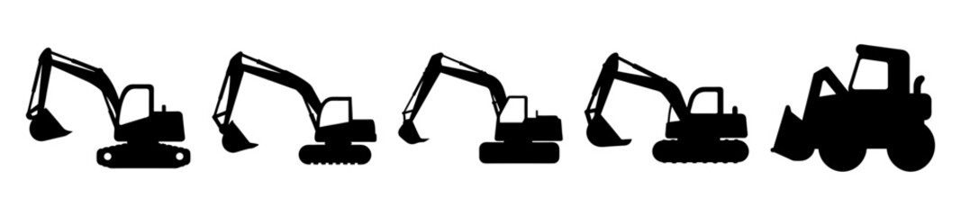 Silhouette of Excavators and a Bulldozer Construction Equipment Variety, Black and White