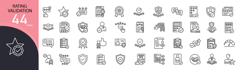 Rating validation related icon collections. Containing review, star, check, feedback, approval, trust, quality, score, verification, and rating icons. Outline icons.