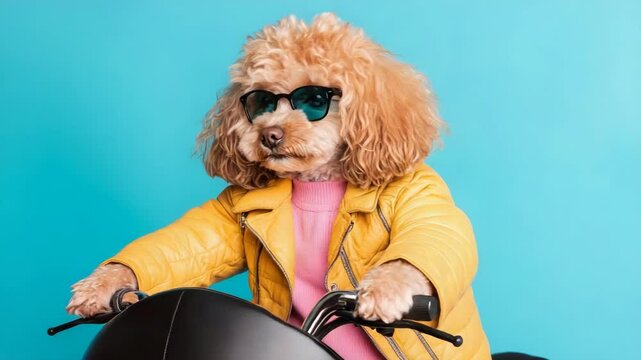 International dog day. A stylish poodle wearing sunglasses and a yellow jacket rides a scooter against a blue background.