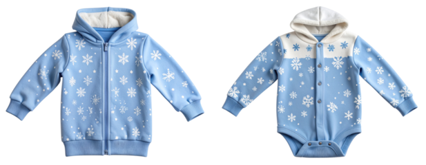 Long Sleeve Baby Onesie with Hood in Winter Theme, isolated on transparent background.