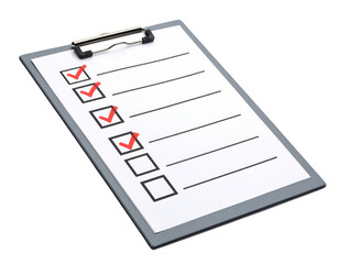A clipboard holding a checklist with five boxes, four of which are marked with red checkmarks.