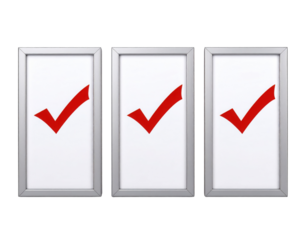 Three silver-framed rectangular panels each displaying a red check mark centered inside.