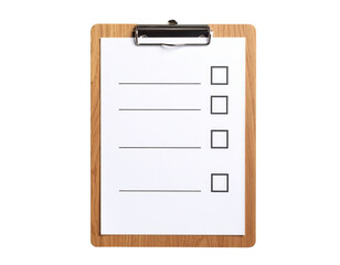 A wooden clipboard holds a blank checklist with four empty lines and checkboxes for marking tasks or items.