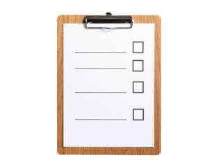 A wooden clipboard holds a blank checklist with four empty lines and checkboxes for marking tasks or items.