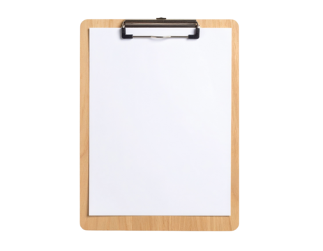Wooden clipboard holding a blank white sheet of paper secured by a metal clip at the top.