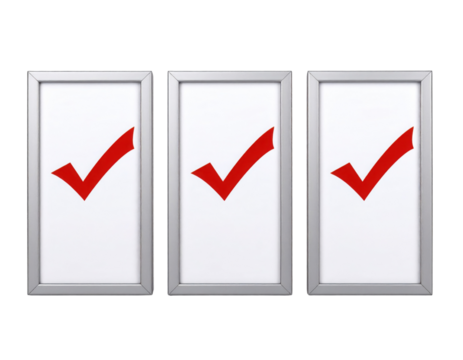 Three silver-framed rectangular panels each displaying a red check mark centered inside.