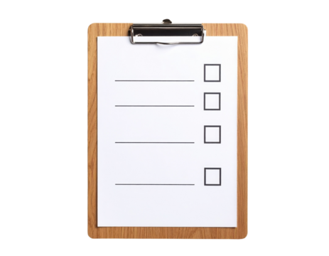 A wooden clipboard holds a blank checklist with four empty lines and checkboxes for marking tasks or items.