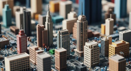 Obraz premium Cityscape Miniature Buildings on Circuit Board Technology