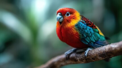 This stunning bird, featuring bright red, blue, and yellow plumage, is captured beautifully while perched on a branch amidst a lush green background, showcasing nature's brilliance.