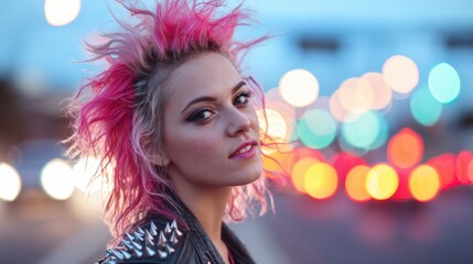 A bold and vibrant portrait featuring a stylish figure with wild pink hair wearing a spiked leather jacket, capturing the essence of modern youth and artistic rebellion.