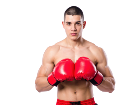 A muscular male boxer with short hair stands in a fighting stance wearing red boxing gloves and matching shorts.