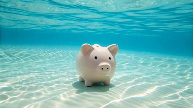 Piggy bank underwater savings finance money concept blue water risk crisis sunlight reflection metaphor. Inflation ,stagflation, recession and depression . Economic, financial crisis concept