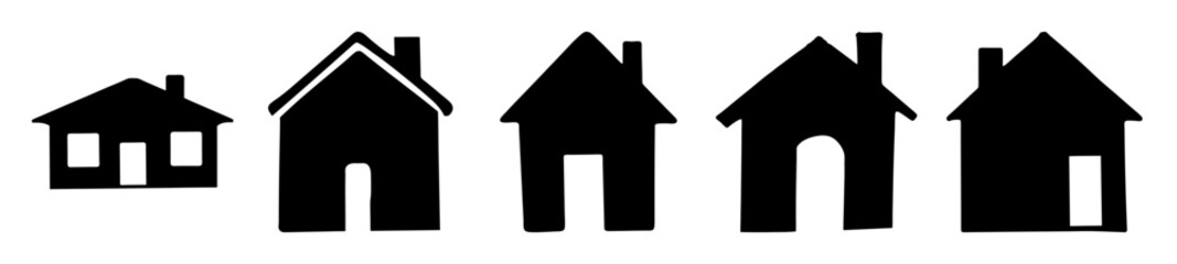 Five different silhouettes of houses arranged in a horizontal row pattern