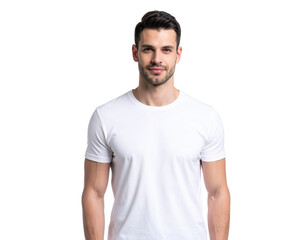 A confident young man with short dark hair and a light beard wearing a plain white t-shirt, looking directly at the camera with a slight smile.