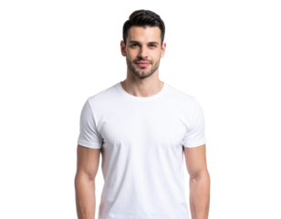 A confident young man with short dark hair and a light beard wearing a plain white t-shirt, looking directly at the camera with a slight smile.