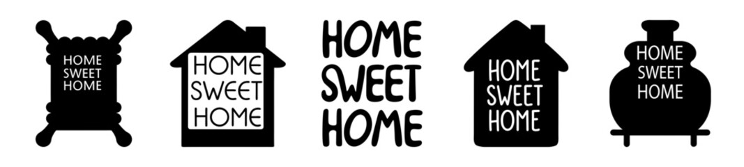 Black and white Home Sweet Home illustrations showcasing cozy and inviting themes