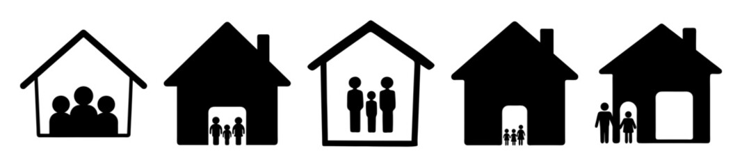 Black and white vector illustration depicting family safety at home, icons