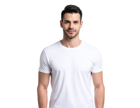 A confident young man with short dark hair and a light beard wearing a plain white t-shirt, looking directly at the camera with a slight smile.