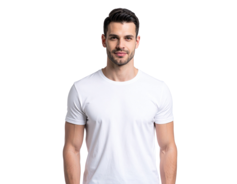 A confident young man with short dark hair and a light beard wearing a plain white t-shirt, looking directly at the camera with a slight smile. - Powered by Adobe