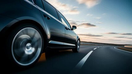 Black sedan speeding along a winding road at sunset, showcasing dynamic motion with blurred background, emphasizing the thrill of driving and the beauty of the open road experience