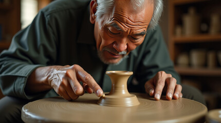 Elderly man shaping clay on spinning pottery wheel with precision. Traditional craftsmanship, artisan skill, handmade ceramic art in studio, close-up
