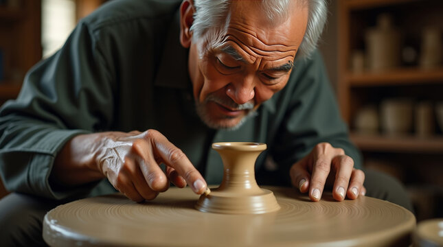 Elderly man shaping clay on spinning pottery wheel with precision. Traditional craftsmanship, artisan skill, handmade ceramic art in studio, close-up - Powered by Adobe