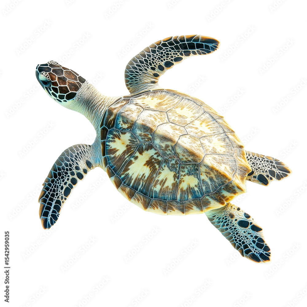 Poster colorful turtle swimming against a transparent background highlighting its intricate shell patterns 