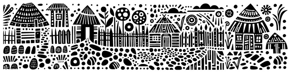 Hand‑Drawn Traditional Culture House Illustration, Tribal Heritage Folk Art Pattern Vector for Architecture and History Adventure Themes Design