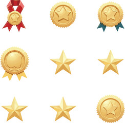 Gold  awards, Render a detailed flat vector illustration set of game accomplishment symbols