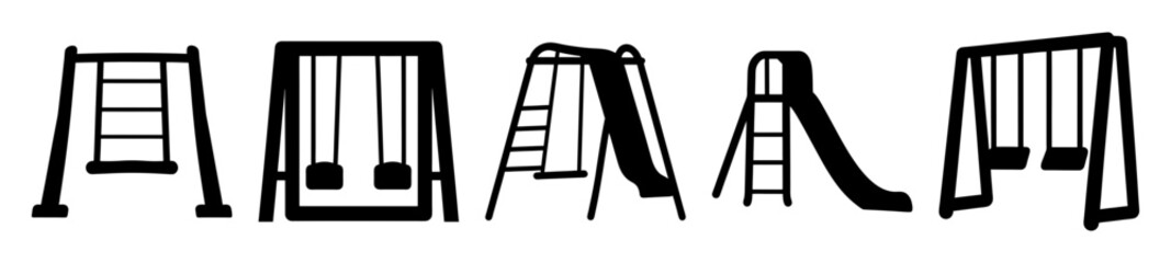 Silhouettes of a playground set featuring various play equipment types