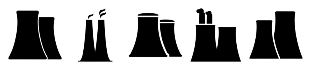 Silhouette icons of nuclear power plants with cooling towers and smoke stacks