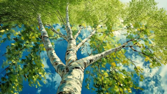 Vibrant birch tree reaching for the summer sky on a sunny day, Birch tree on a sunny summer day