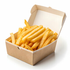 Crispy golden french fries piled together isolated on white background