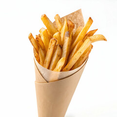 Crispy golden french fries piled together isolated on white background