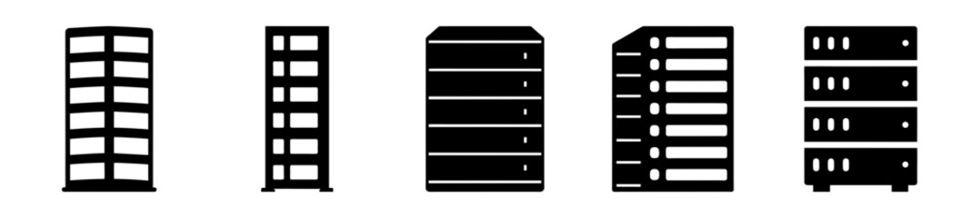 Obraz premium Illustration of different styles of network server rack cabinets in black and white