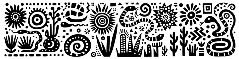 Hand‑Drawn Snakes Illustration, Tribal Jungle Folk Art Pattern Vector for Wildlife and Mythical Adventure Themes Design