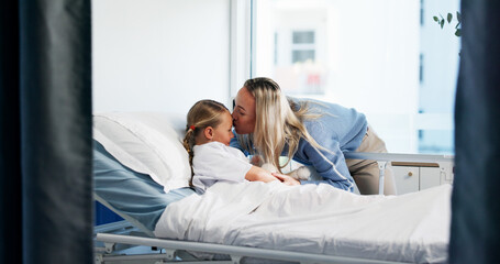 Healthcare, woman or child in bed with kiss, support or care for patient in recovery. Smile, mother and daughter in hospital for treatment, surgery success or single parent comforting with love