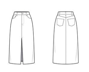 Denim Maxi Skirt with Front Slit-Five Pocket-  Straight Design- Front and Back View- Fashion Technical Illustration - Denim Skirt CAD Mock-up